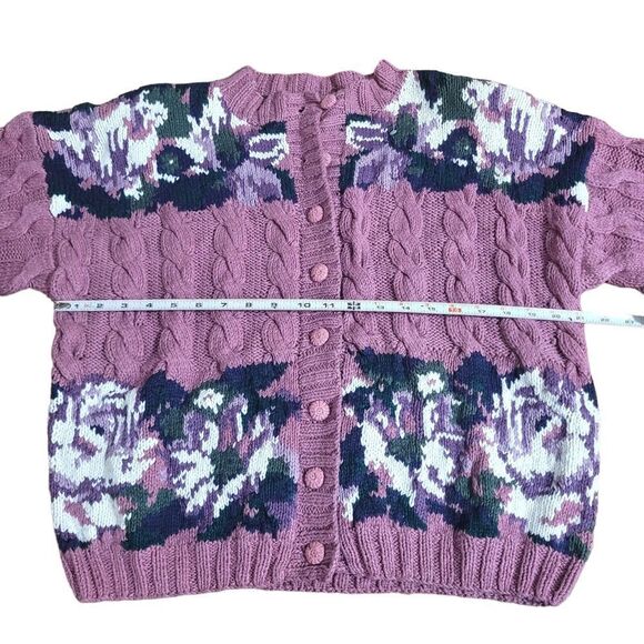 Vintage Floral Cable Knit Cardigan Sweater Handmade Purple Blue - Picture 4 of 5